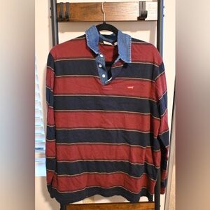 Levi's Men's Burgundy and Navy Striped Button Down Shirt